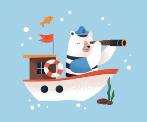 Cute baby bear traveling by ship. Sailor captain explorer with spyglass. Childrens animal character at sea journey, adventure. Fairytale seaman at voyage. Childish colored flat vector illustration