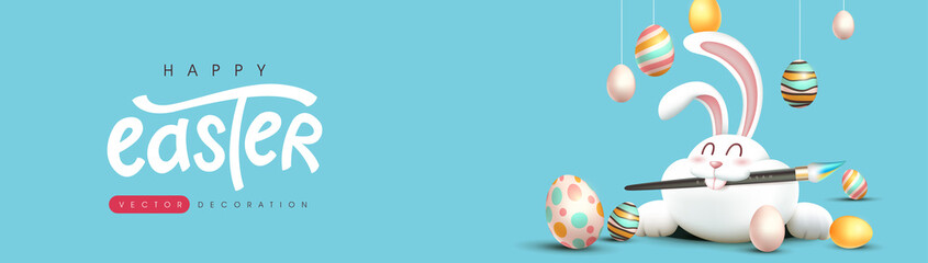 Easter greeting card banner background with cute rabbit and Easter eggs 