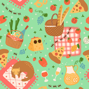 Summer Picnic Background. Picnic Seamless Pattern, Picnic Basket, Red Blanket With Cat, Garden Outdoor Leisure Print, Food, Bottle Of Wine Lemonade Tomatoes Cheese Pizza Summer Activity Illustration.