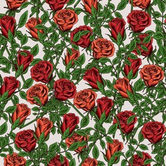 Vintage seamless pattern with lush blooming red and orange roses with stem and leaves on white background. Dense overlay of elements. Vector illustration