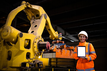 Female factory engineer holding tablet computer and standing by the industrial robotic production machine.