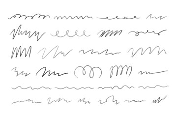 Black and white collection of different brush strokes, marker, pencil, pen textures. Wavy lines, doodles, design elements.