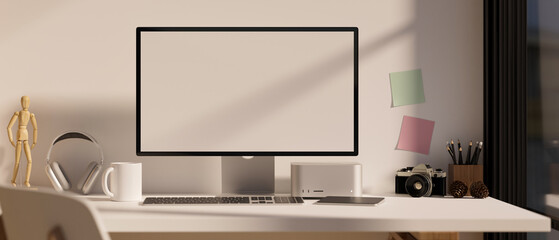 Modern white workspace computer desk with pc computer against white wall.