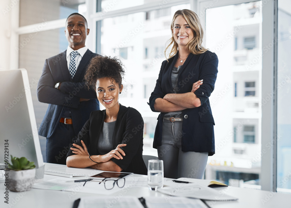 Poster nothing does it as well as teamwork. portrait of a group of businesspeople working together in an of
