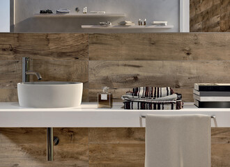 Modern interior design of bathroom with elegant tiles, seamless, luxurious interior background.