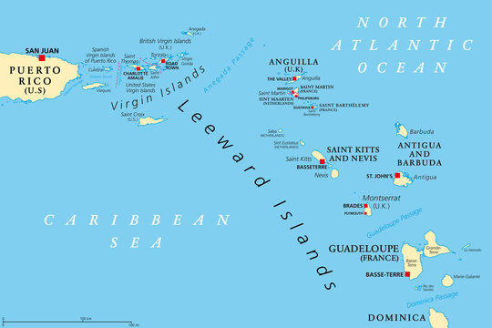 Leeward Islands, political map. Part of the Lesser Antilles, north of Windward Islands in the Caribbean. Virgin Islands, Anguilla, St Kitts and Nevis, Antigua and Barbuda, Montserrat, and Guadeloupe.