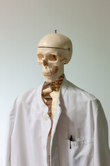 Skelett mit Totenkopf in Arztkittel