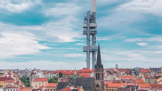 Timelapse view from the top of the Vitkov Memorial on the Prague landscape on a sunny day with the famous Zizkov TV tower on the horizon