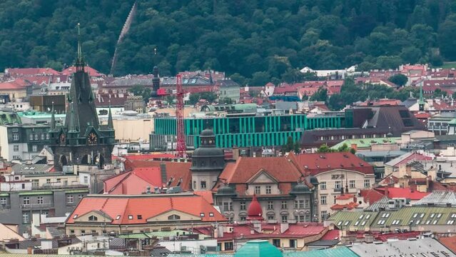 View from the top of the Vitkov Memorial timelapse on the Prague landscape and Vitkov memorials park on a sunny day
