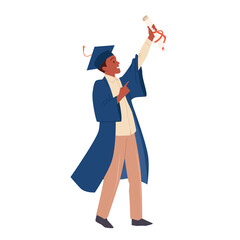 Happy graduate holding diploma in hand vector illustration. Cartoon boy celebrating success achievement, end of school, college or university high education isolated on white. Celebration concept