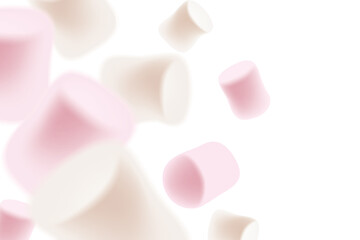 Marshmallows on white background. White and pink marshmallow candy background.
