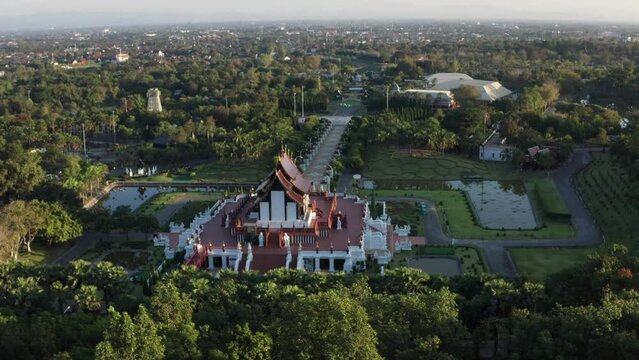 Aerial view of Royal Park Rajapruek, botanical garden and pavilion in Chiang Mai, Thailand
