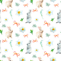 Colorful easter seamless patterns. Easter set. Watercolor illustration on white background