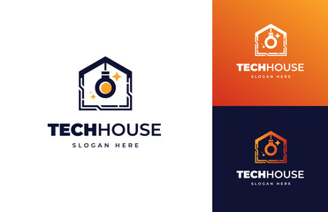 Tech house bulb lamp electric smart vector logo design, Modern technology circuit wire idea shine interior logo design