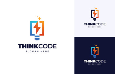 Think code light bulb thunderbolt flash vector logo design, Tech bulb electricity bright logo design