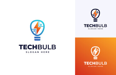 Light bulb thunderbolt flash vector logo design, Creative technology bulb electricity logo design