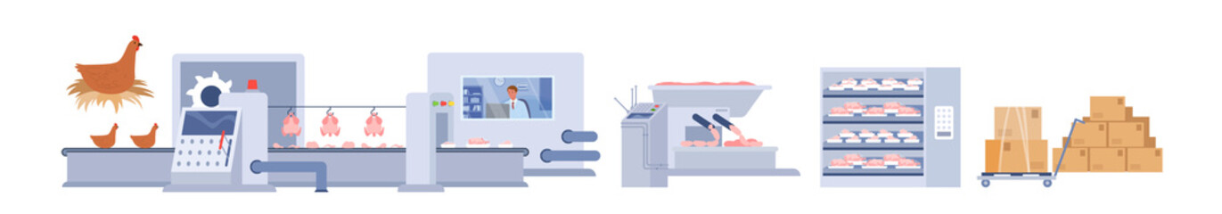 Wide set of chicken meat factory production. Agricultural poultry industry, broiler sustainable farming, hen meat processing and manufacturing cartoon vector illustration © Natalia
