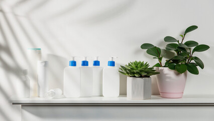 Peperomia Magnoliifolia in the pot. White bottles with a blue dispenser with shampoo, conditioner, cream and liquid soap stand on a shelf in the bathroom. Place for text.