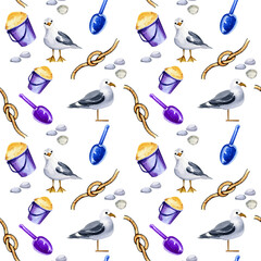 Seamless watercolor pattern with seagulls, bucket, scoop, stones and knot on white background.