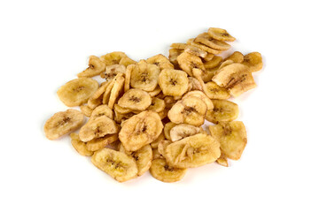 Dried banana slices, isolated on white background.