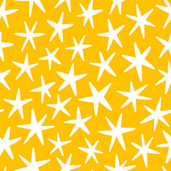 Hand drawn stars on yellow background, vector pattern