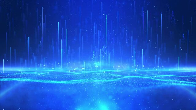 Blue technology wave particles is a spectacular motion, blue light particles are rising. Wave particles are constantly moving, technology background video, elegant particle light, stage performance.