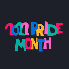 Pride Month 2022. Month of sexual diversity celebrations. Sex minorities self-affirmation concept. Hand-lettered rainbow-colored logo on dark blue background
