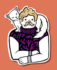 A man with a mustache with a cat on his shoulders. Cute hand drawn sticker illustration.