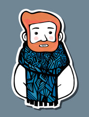 A man with a beard in a scarf. Cute hand drawn sticker illustration.