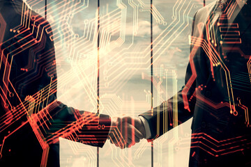 Obraz na płótnie Canvas Double exposure of tech hologram and handshake of two men. Deal concept.