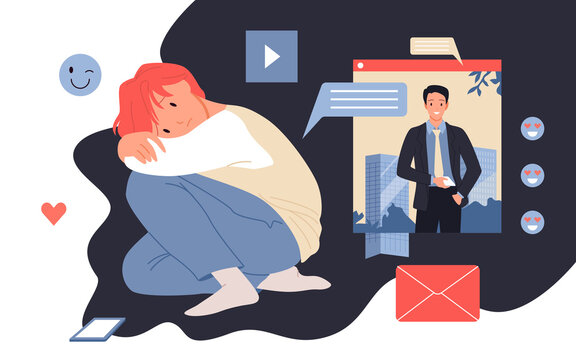 Sad boy looking on photo of young and happy successful businessman on screen of mobile phone. Frustration, loneliness and depression of lonely teenager flat vector illustration. Social media concept