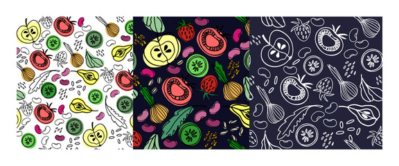 Hand drawn seamless patterns set for surface design. Healthy and vegetarian food theme. Fruit, vegetables, beans, seeds. Isolated design element