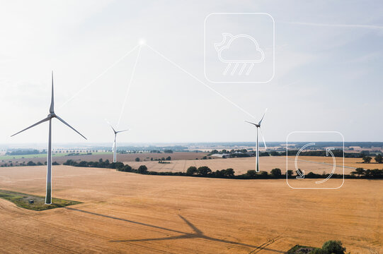 Wind turbines models in rural landscape
