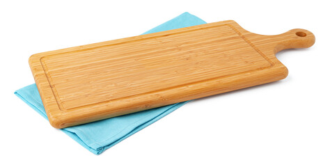 Wooden board and tablecloth isolated on white