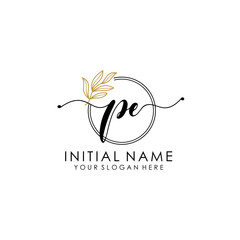 PE Luxury initial handwriting logo with flower template, logo for beauty, fashion, wedding, photography