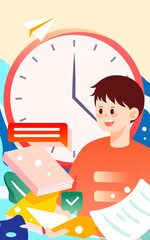 Student is reading a book with a clock counting down the date in the background, vector illustration