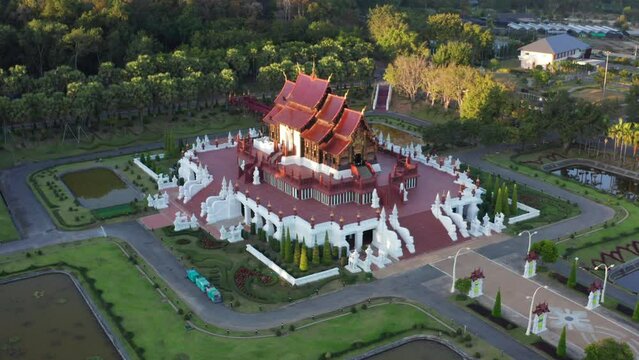 Aerial view of Royal Park Rajapruek, botanical garden and pavilion in Chiang Mai, Thailand