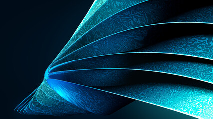 Obraz premium 3d render of twisting modern abstract curvy geometric metallic shape with damascene pattern. Concept design for product or as background. Banner or sign design. Modern cover template in blue and cyan
