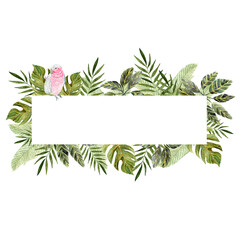 Watercolor tropical leaves horizontal  frame with parrot illustration. Frame for invitations, decor and design. 