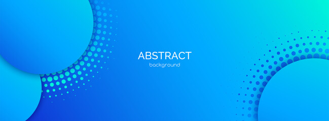 Blue abstract vector long banner template. Minimal business background with circles, halftone and copy space for text. Facebook header