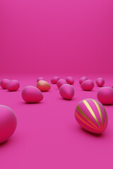 Many pink Easter eggs with one golden egg on a pink background