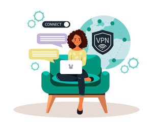 An African-American woman uses a VPN to protect her personal data on her computer