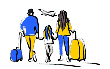 A family with suitcases looks at a plane taking off into the sky. Wife, husband and daughter are waiting for their flight at the airport. Modern design of people forced to leave their home. Vector.