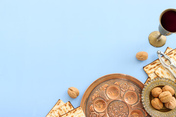 Pesah celebration concept (jewish Passover holiday). Translation of Traditional pesakh plate text: horseradish, celery, the egg, shankbone, bitter hearb, sweet date