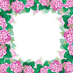 Watercolor frame of pink hydrangea flowers with green leaves
