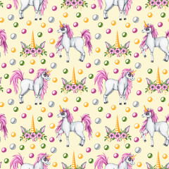 Watercolor pattern with unicorns and flowers