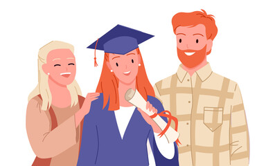 Happy graduate and family standing together vector illustration. Cartoon portrait of mother, father and student in gown and cap with tassel, proud girl holding graduation diploma isolated on white
