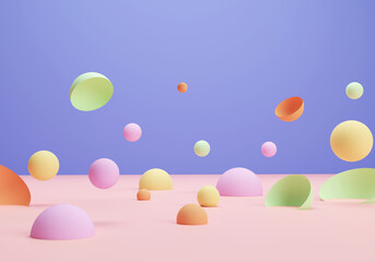 blue background with colored spheres and hemispheres floating in the air