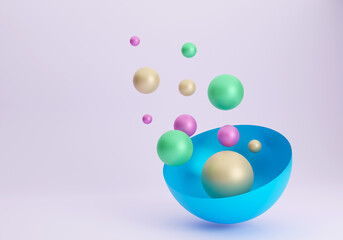light background with blue capsule and balls of different colors and golden texture floating in the air