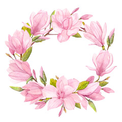 A wreath of Magnolia flowers. An illustration drawn in watercolor. Spring pink flowers. Wedding.